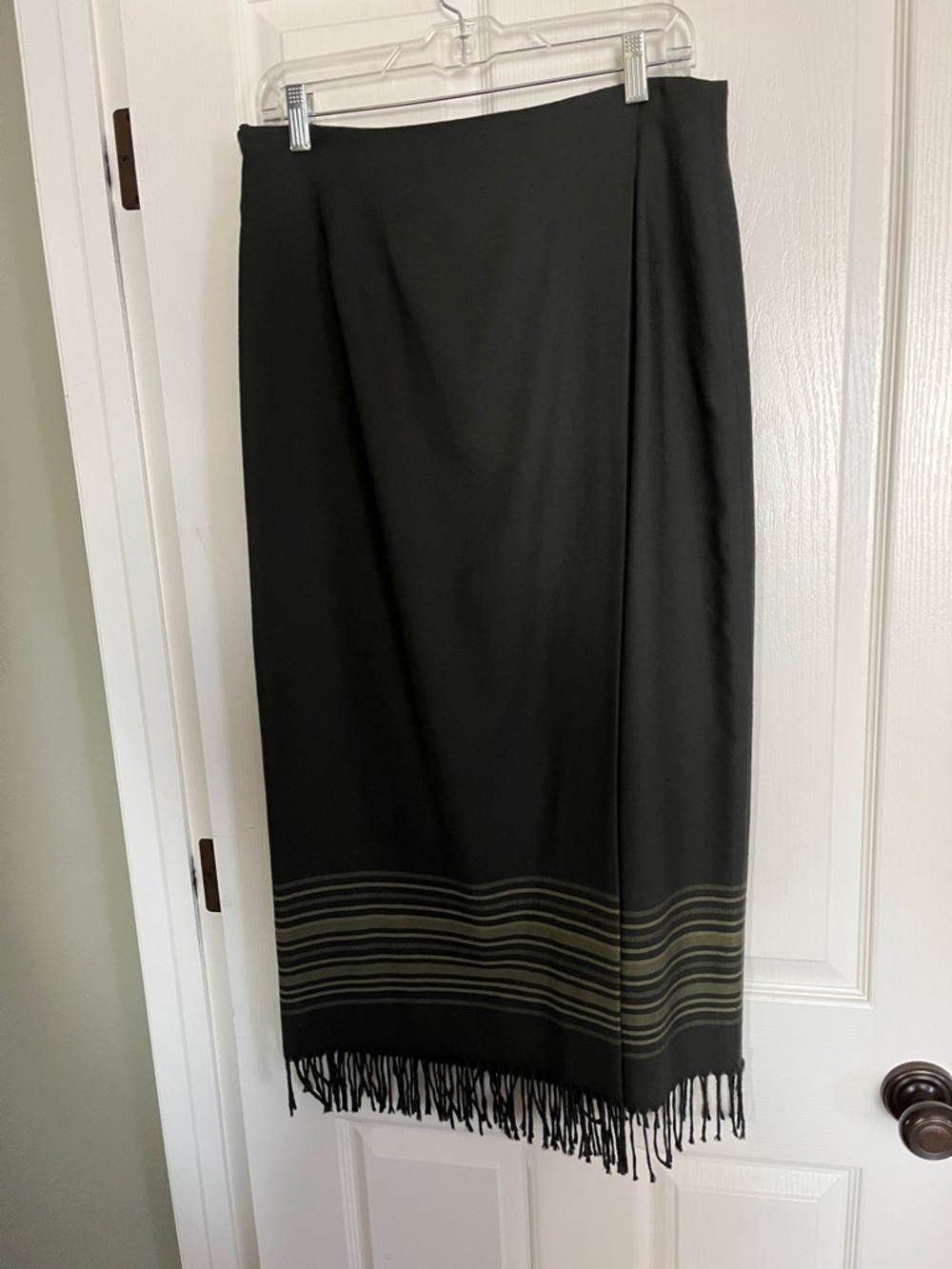 Dark olive green Wool Fringe Hem Wrap Around Skirt with Olive Stripe Detail